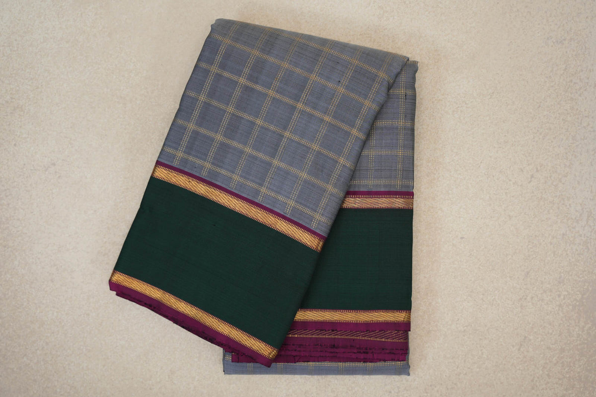 Silver Grey with Deep Magenta with Bottle Green Rettai Pettu Borders Vintage Kanjivaram Silk Saree