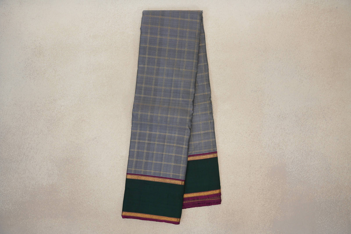 Online Silver Grey with Deep Magenta with Bottle Green Rettai Pettu Borders Vintage Kanjivaram Silk Saree