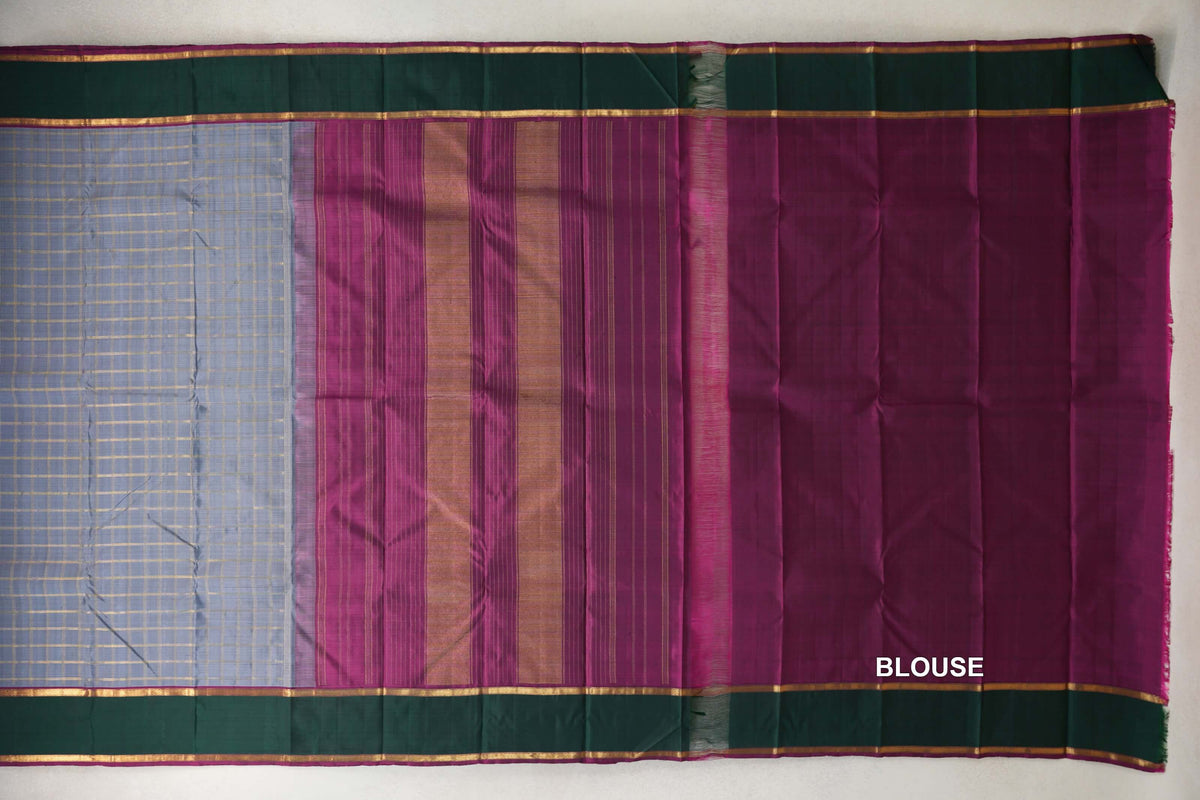 Silver Grey with Deep Magenta with Bottle Green Rettai Pettu Borders Vintage Kanjivaram Silk Saree blouse