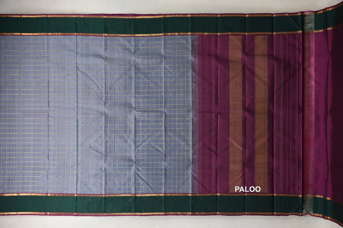 Silver Grey with Deep Magenta with Bottle Green Rettai Pettu Borders Vintage Kanjivaram Silk Saree paloo