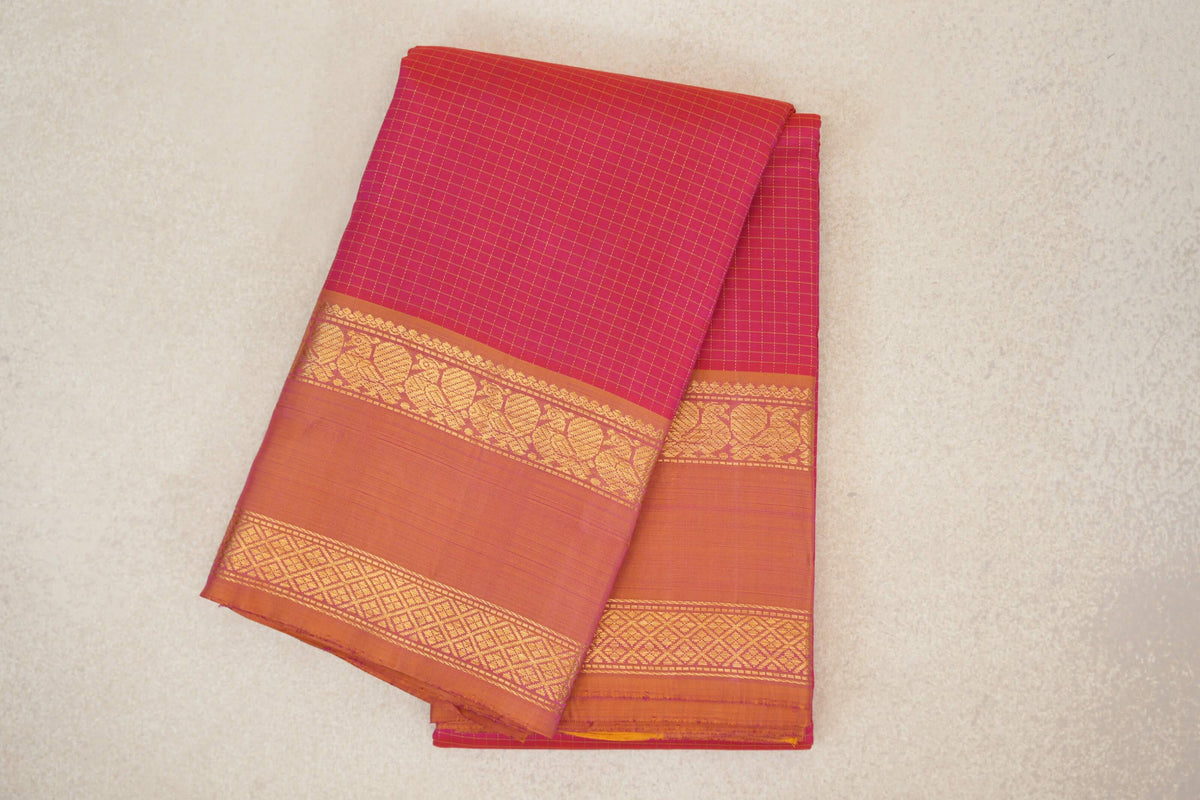 Pinkish Orange with Dual Tone of Yellow and Pink Rettai Pettu Borders Vintage Kanjivaram Silk Saree