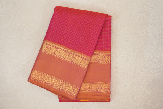 Pinkish Orange with Dual Tone of Yellow and Pink Rettai Pettu Borders Vintage Kanjivaram Silk Saree