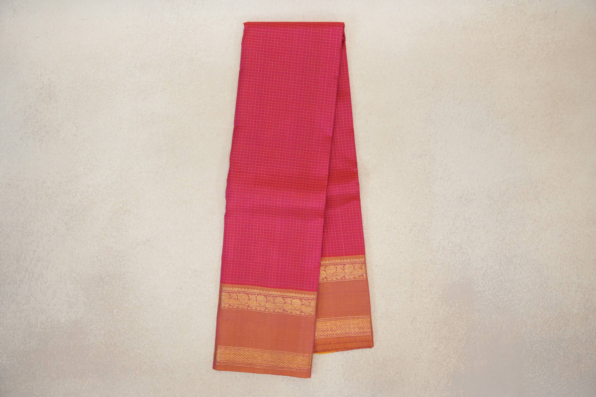 Online Pinkish Orange with Dual Tone of Yellow and Pink Rettai Pettu Borders Vintage Kanjivaram Silk Saree