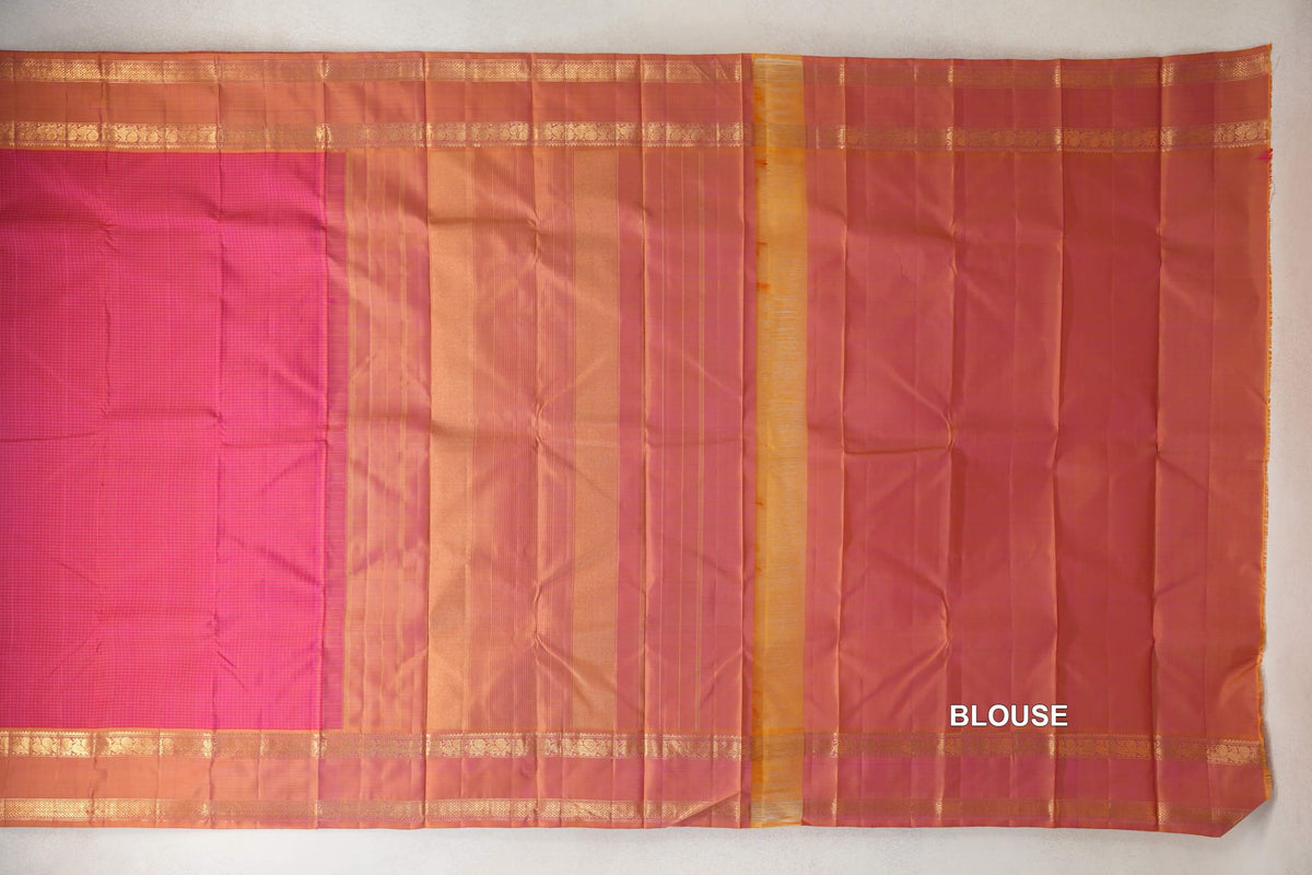 Pinkish Orange with Dual Tone of Yellow and Pink Rettai Pettu Borders Vintage Kanjivaram Silk Saree blouse