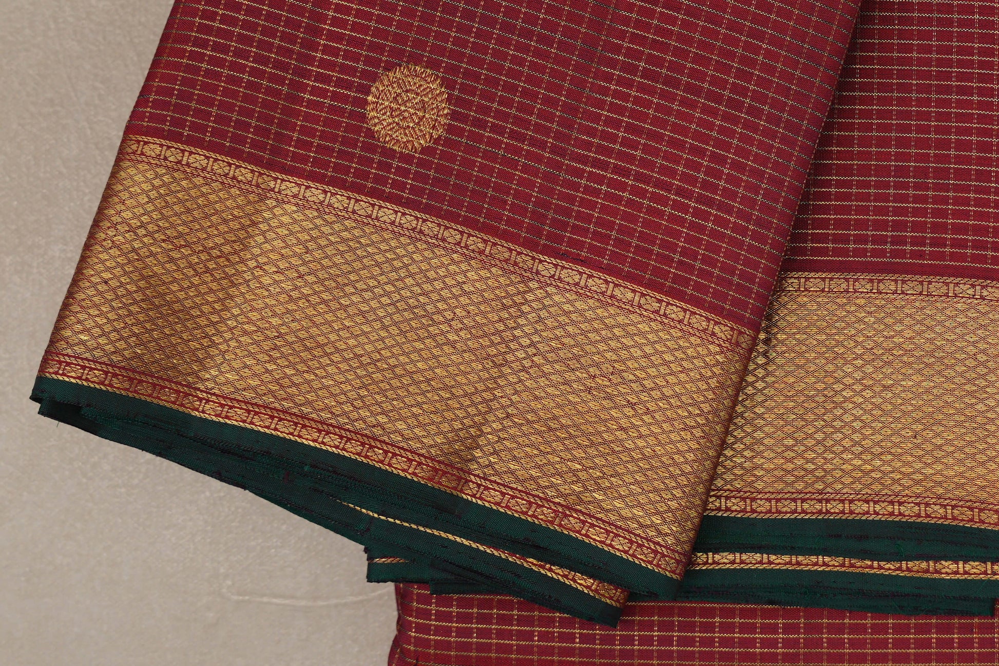 Deep Maroon with Small Zari Check Vintage Kanjivaram Silk Saree borders