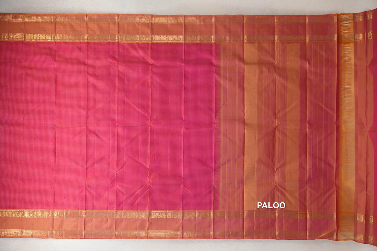 Pinkish Orange with Dual Tone of Yellow and Pink Rettai Pettu Borders Vintage Kanjivaram Silk Saree paloo