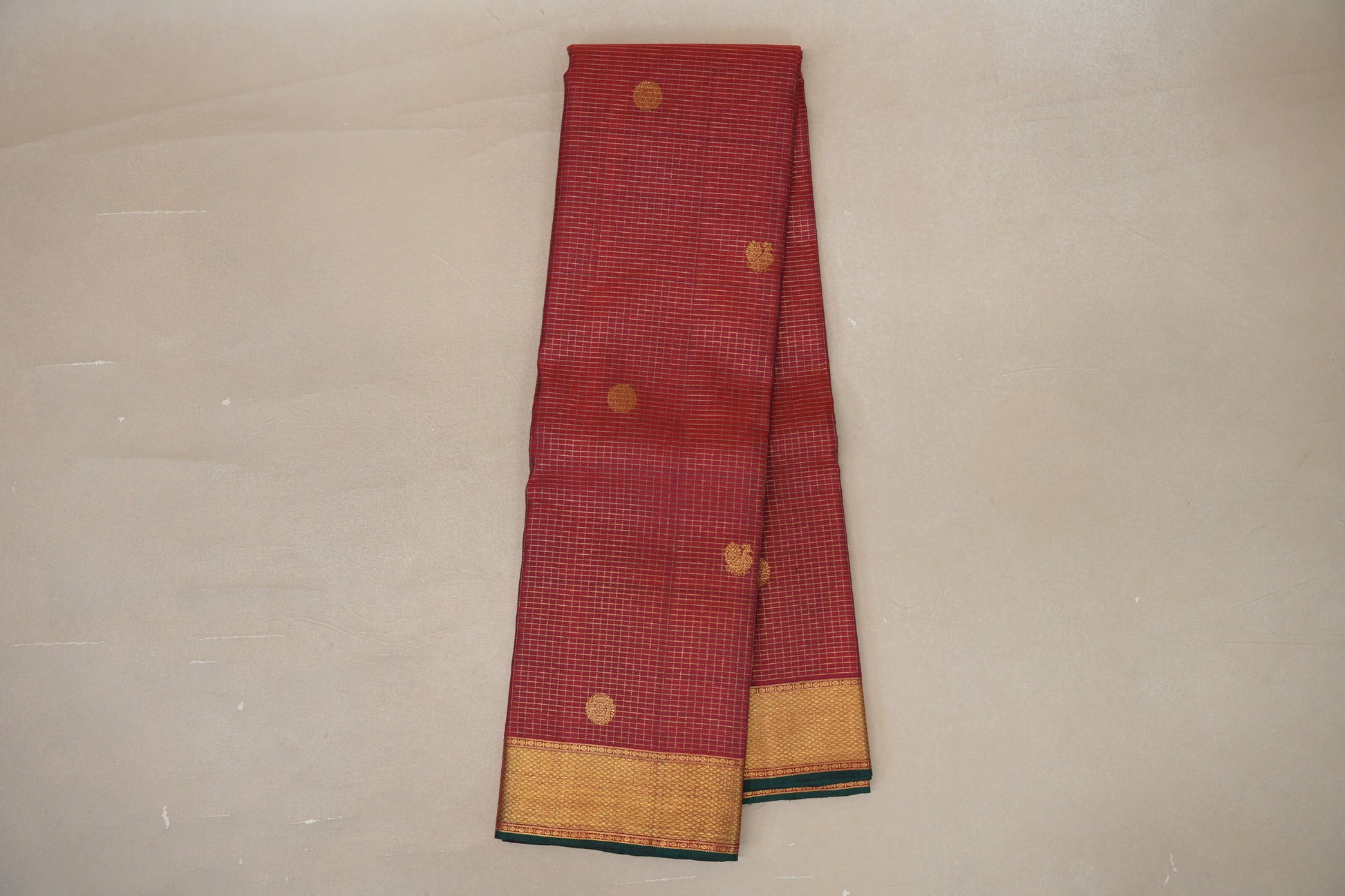 Online Deep Maroon with Small Zari Check Vintage Kanjivaram Silk Saree