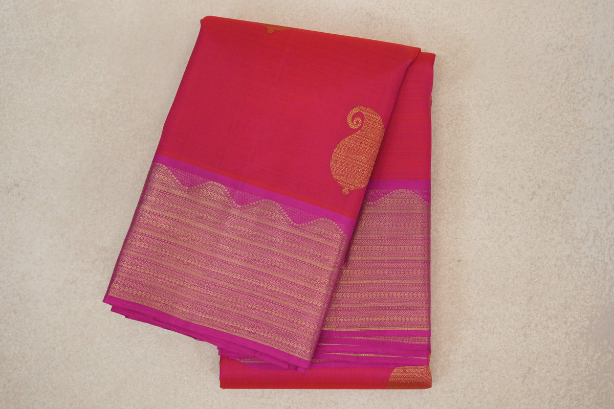 Orangish Pink with Magenta Borders Vintage Kanjivaram Silk Saree