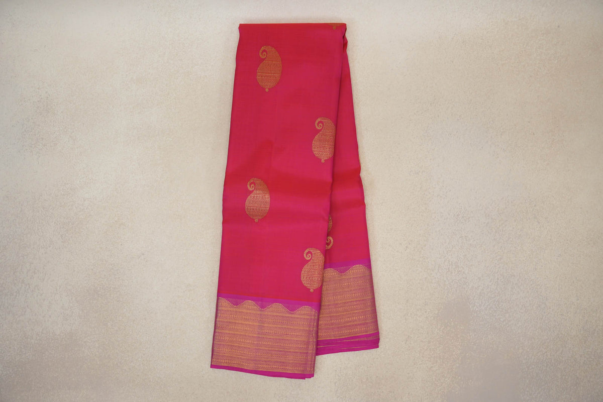 Online Orangish Pink with Magenta Borders Vintage Kanjivaram Silk Saree