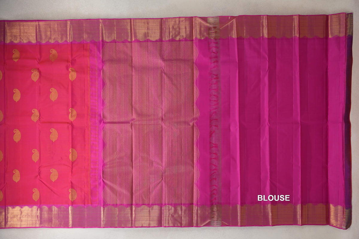 Orangish Pink with Magenta Borders Vintage Kanjivaram Silk Saree blouse