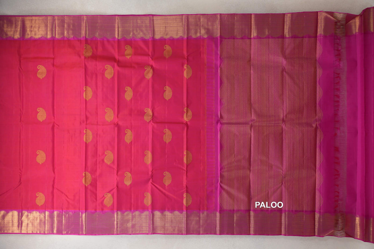Orangish Pink with Magenta Borders Vintage Kanjivaram Silk Saree paloo