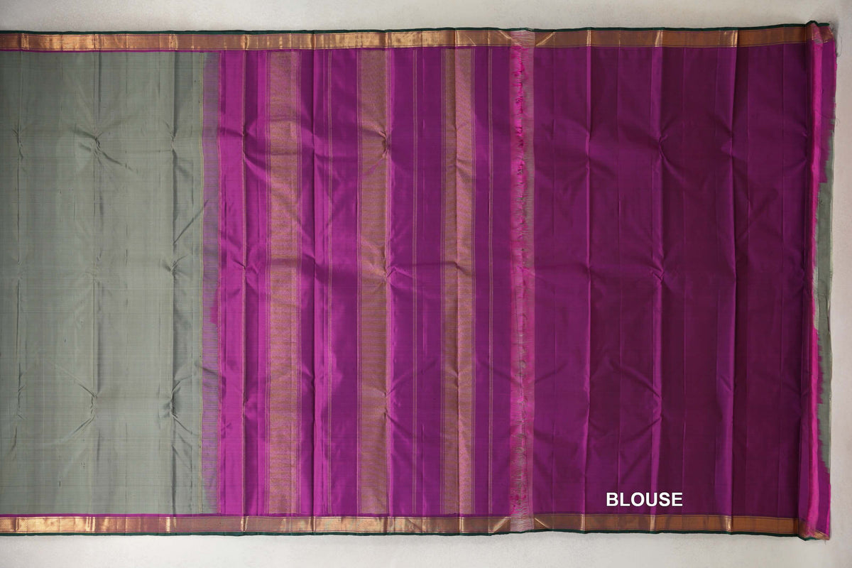 Moss Green with Magenta with Bottle Green Selvedge Borders Vintage Kanjivaram Silk Saree blouse
