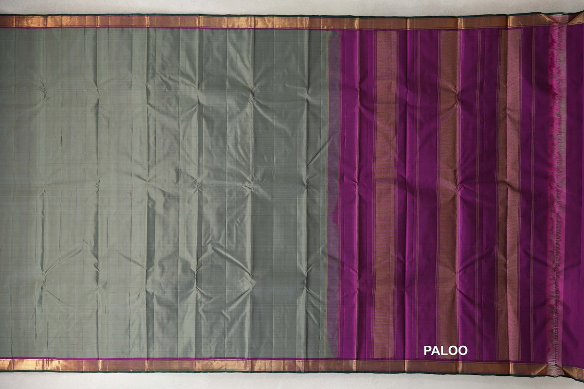 Moss Green with Magenta with Bottle Green Selvedge Borders Vintage Kanjivaram Silk Saree paloo