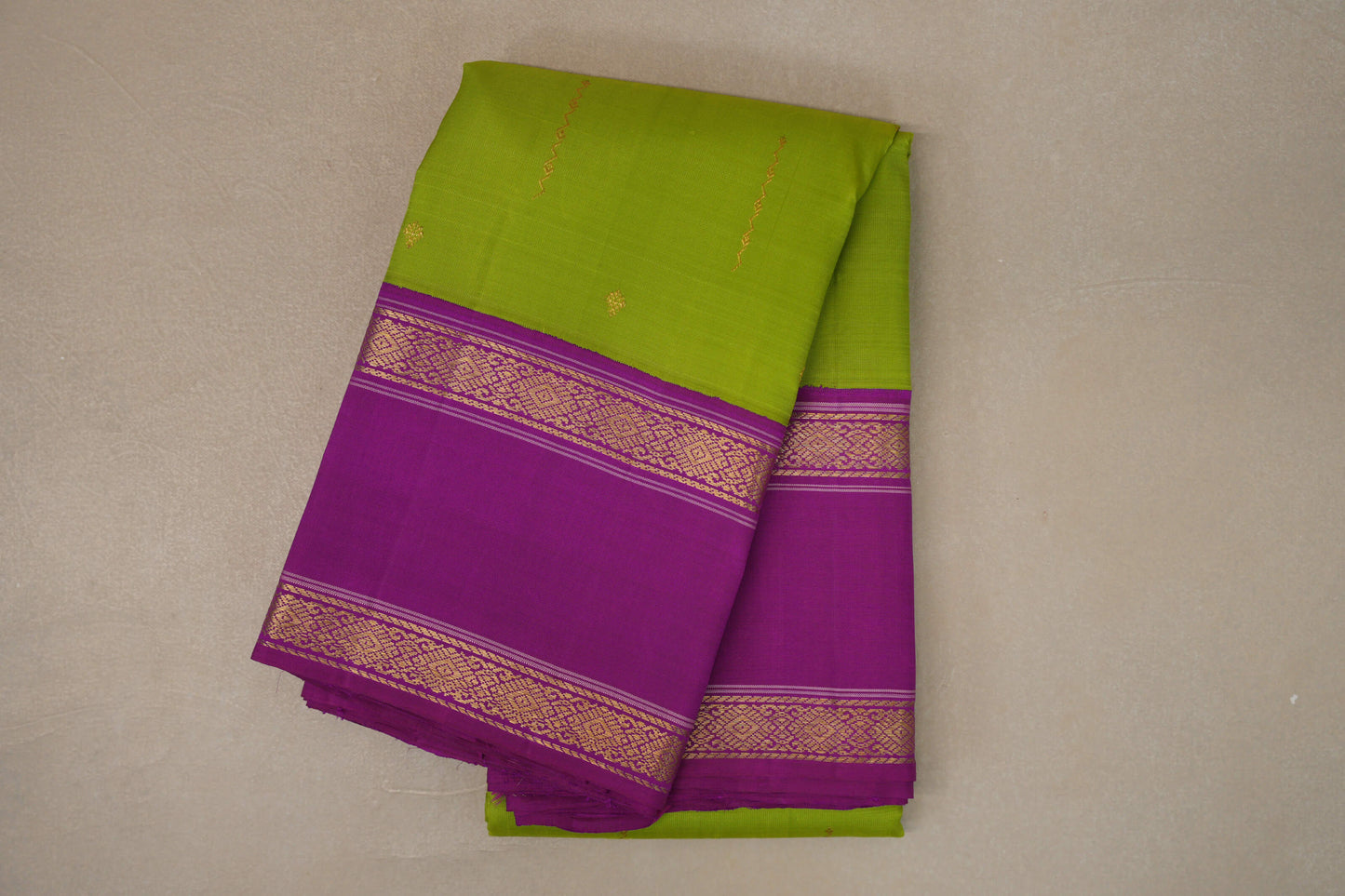 Parrot Green with Magenta Rettai Pettu Borders Vintage Kanjivaram Silk Saree