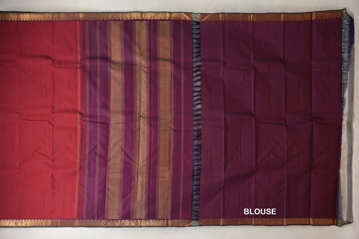 Deep Maroon with Dual Tone Deep Maroon and Violet with Bottle Green Selvedge Borders Vintage Kanjivaram Silk Saree blouse