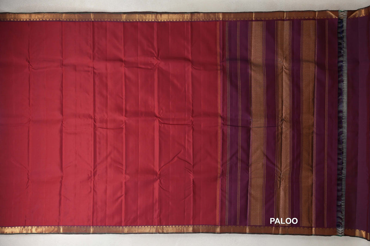 Deep Maroon with Dual Tone Deep Maroon and Violet with Bottle Green Selvedge Borders Vintage Kanjivaram Silk Saree paloo