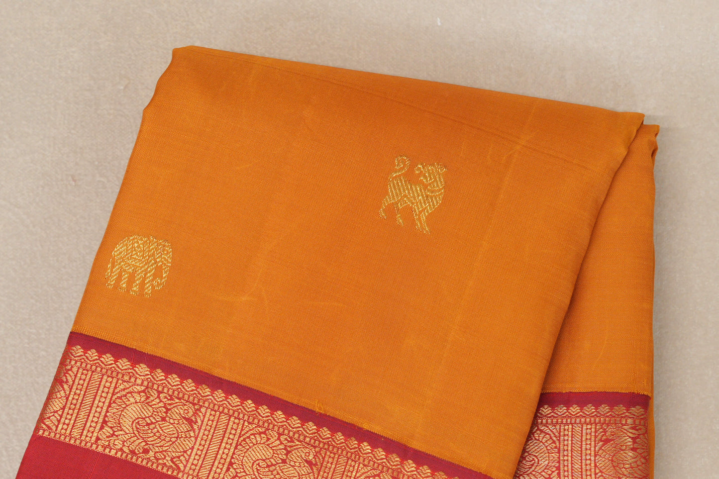Mustard with Reddish Pink Rettai Pettu Borders Vintage Kanjivaram Silk Saree body