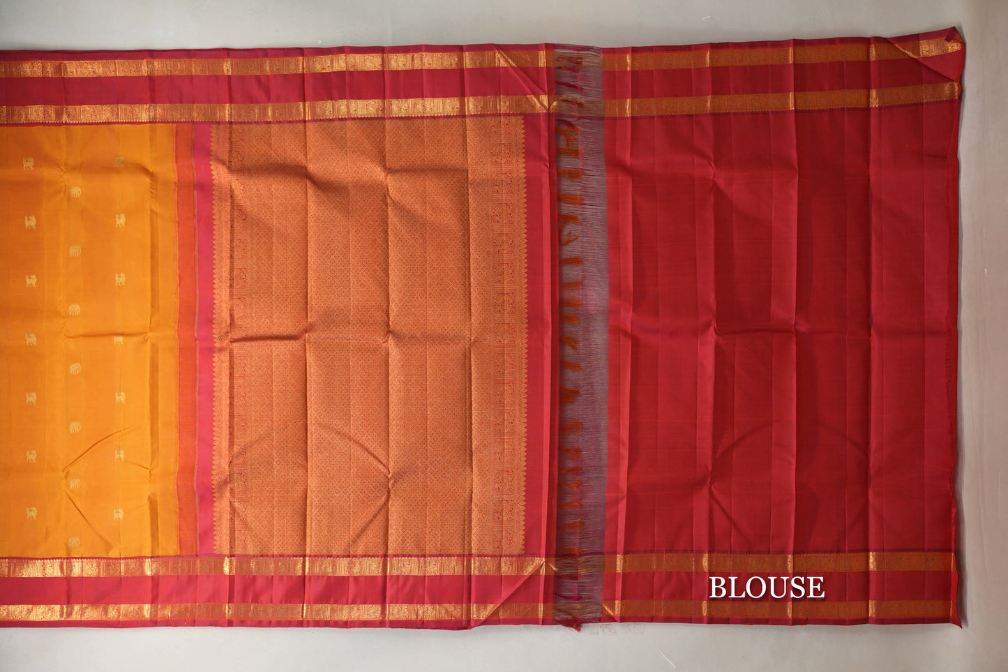 Mustard with Reddish Pink Rettai Pettu Borders Vintage Kanjivaram Silk Saree blouse