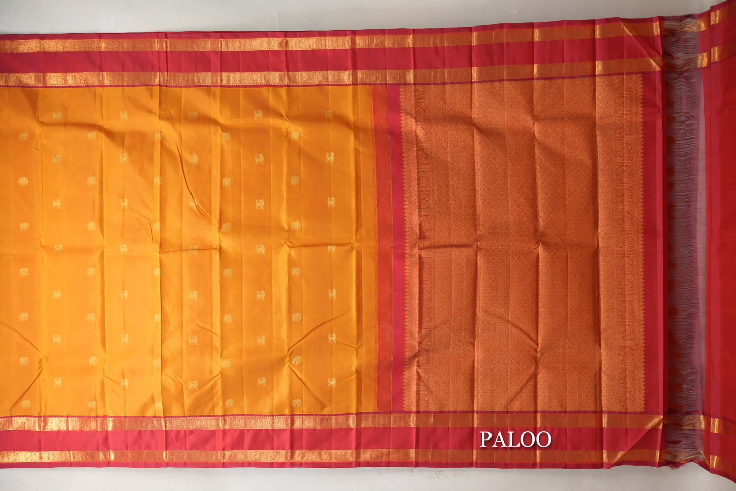 Mustard with Reddish Pink Rettai Pettu Borders Vintage Kanjivaram Silk Saree paloo
