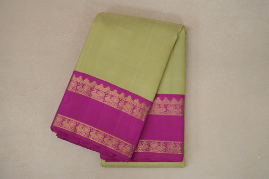 Dry Cardamom Green with Bright Magenta Rettai Pettu Borders Vintage Kanjivaram Silk Saree