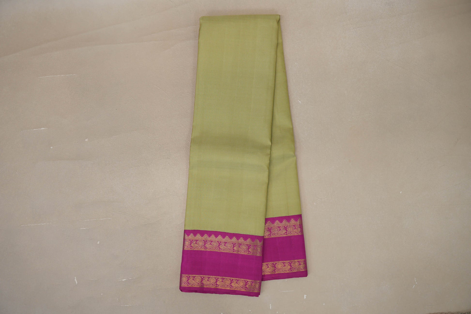 Online Dry Cardamom Green with Bright Magenta Rettai Pettu Borders Vintage Kanjivaram Silk Saree