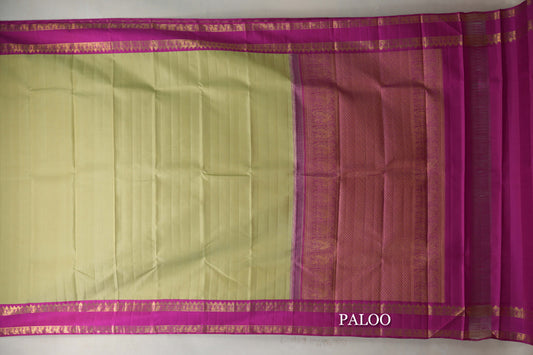 Dry Cardamom Green with Bright Magenta Rettai Pettu Borders Vintage Kanjivaram Silk Saree paloo