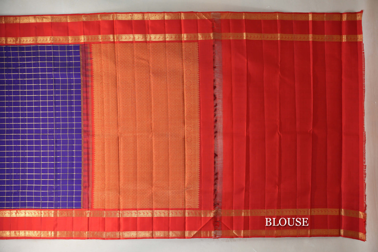 Indigo Blue with Bright Red Rettai Pettu Borders Vintage Kanjivaram Silk Saree blouse