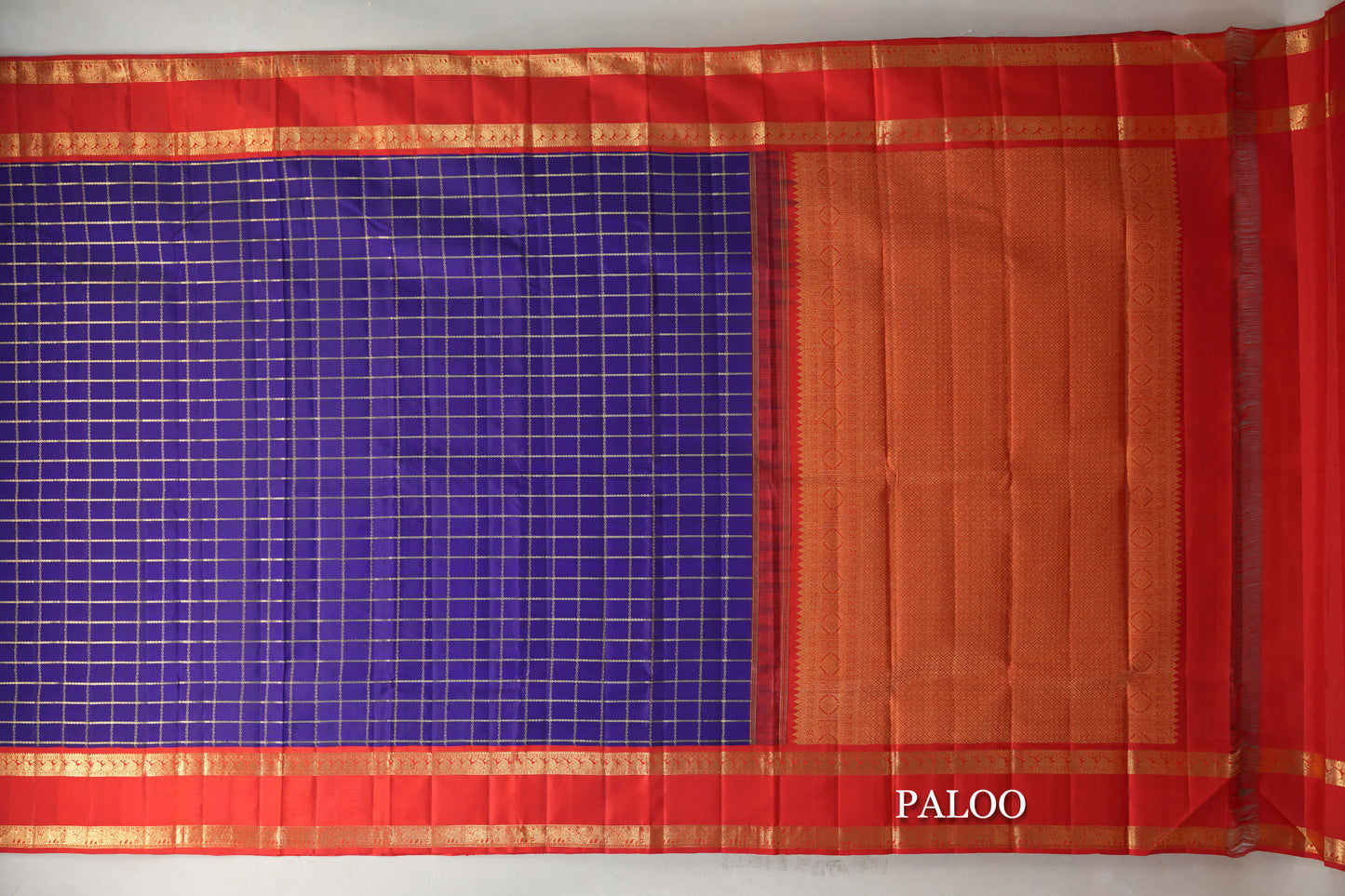 Indigo Blue with Bright Red Rettai Pettu Borders Vintage Kanjivaram Silk Saree paloo