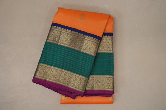 Mango Orange with Multi Color Red Rettai Pettu Borders Vintage Kanjivaram Silk Saree