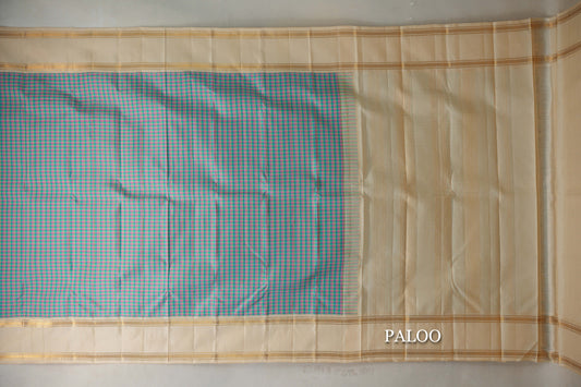 Multi Color with Sandal Rettai Pettu Borders Vintage Kanjivaram Silk Saree paloo