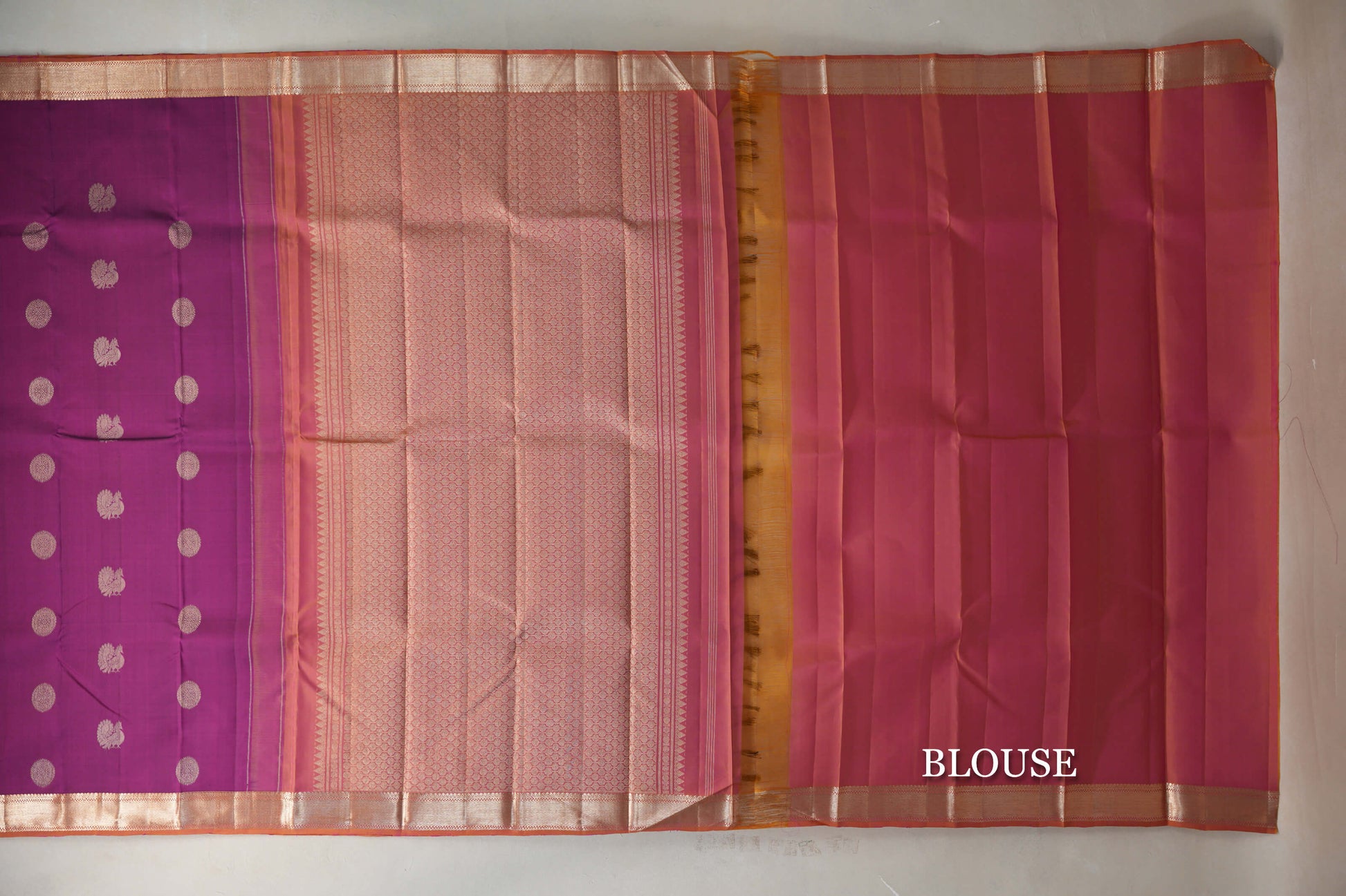 Deep Magenta with Dual Tone of Pink and Yellow Borders Vintage Kanjivaram Silk Saree blouse