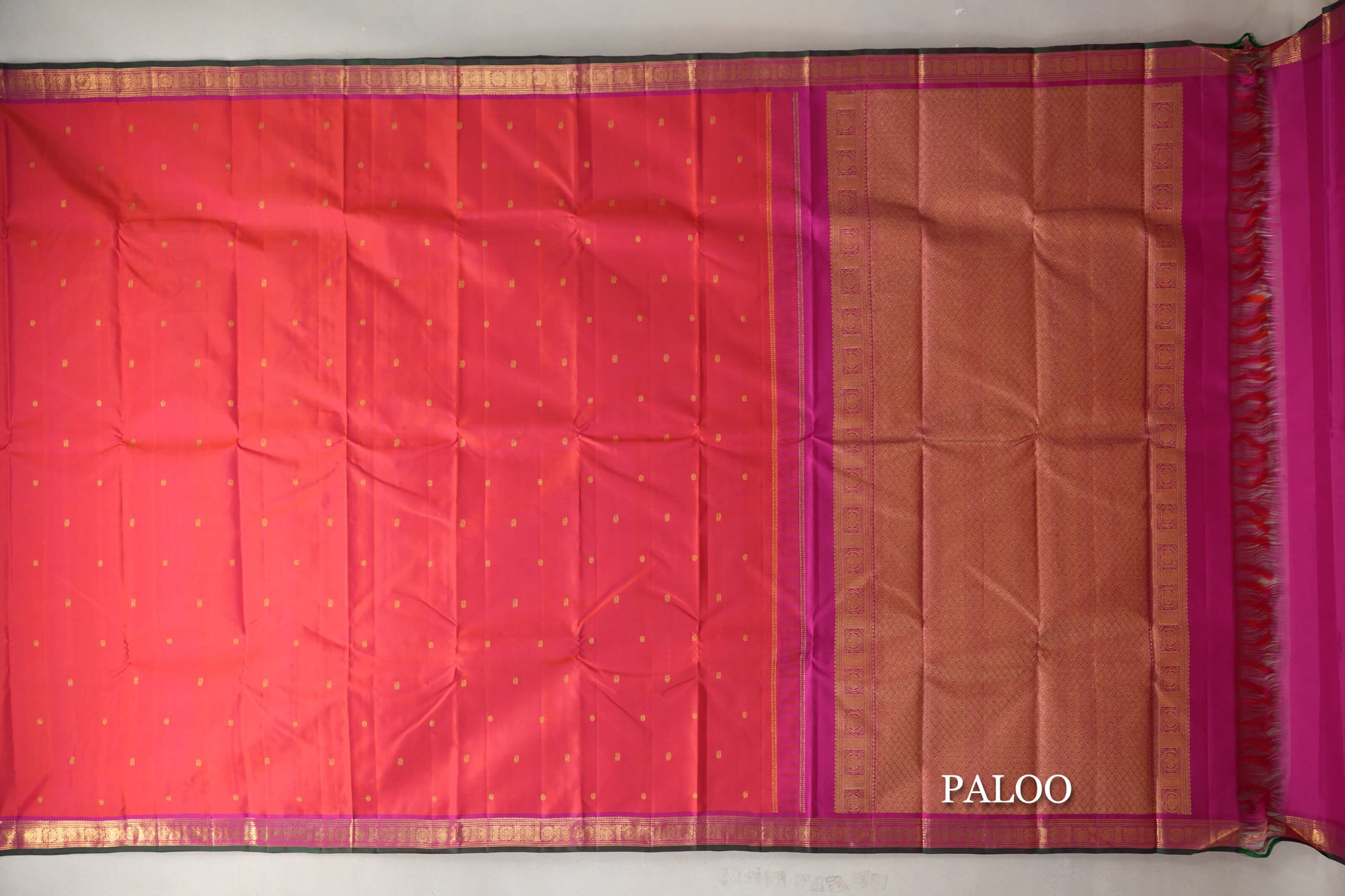 Orangish Pink Vintage Kanjivaram Silk Saree paloo