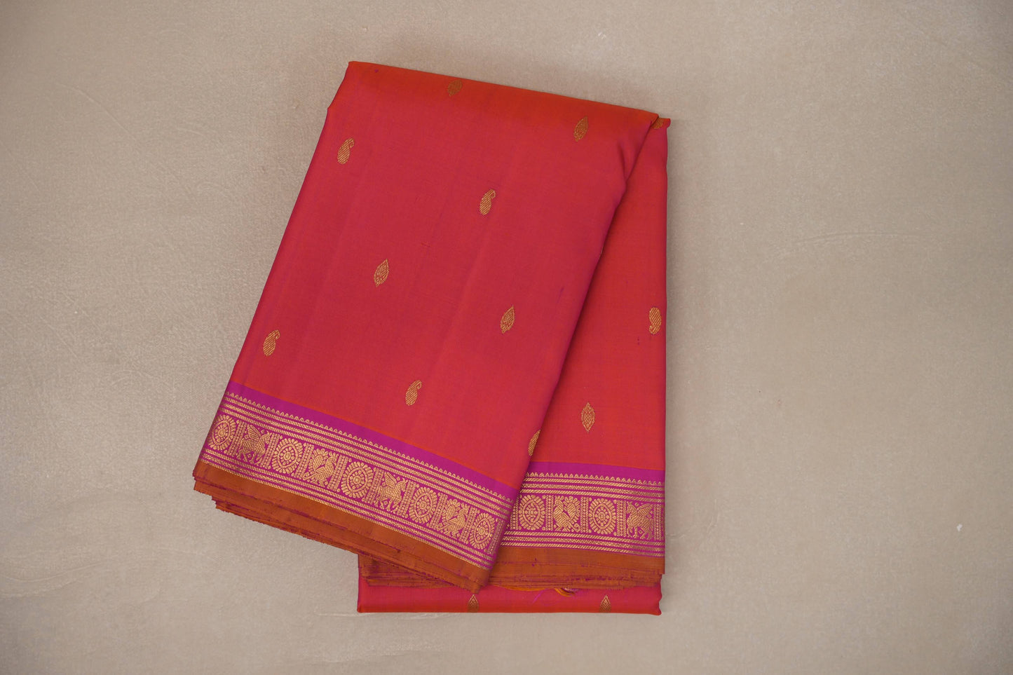 Orangish pink with bright pink borders Vintage Kanjivaram Silk Saree SS9301