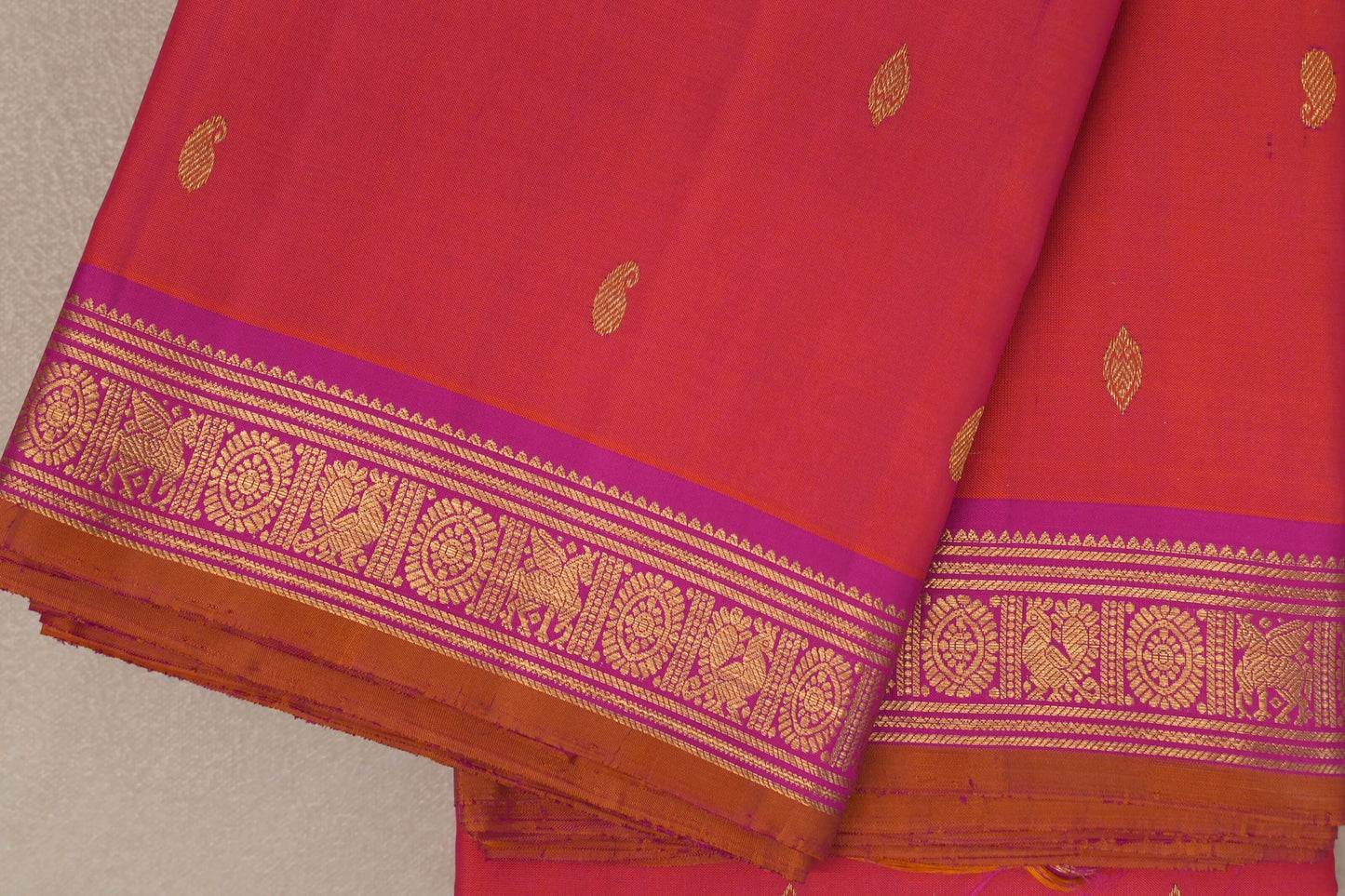 Orangish pink with bright pink borders Vintage Kanjivaram Silk Saree SS9301