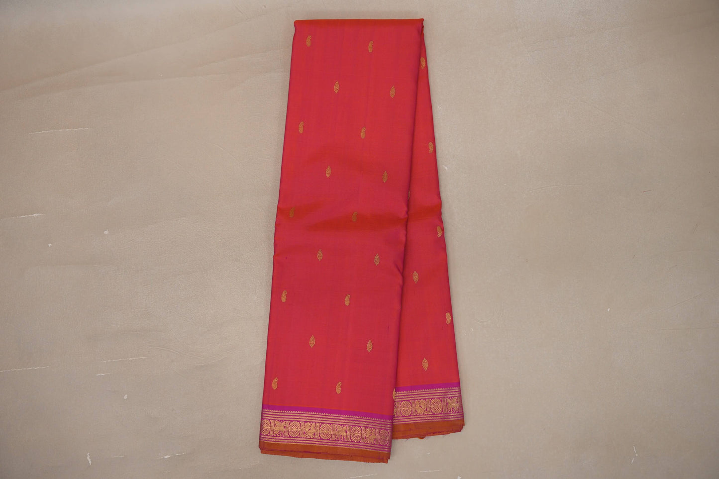 Orangish pink with bright pink borders Vintage Kanjivaram Silk Saree SS9301