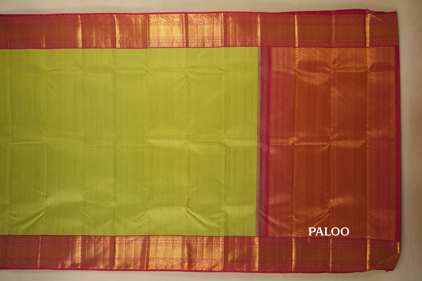 Elaichi Green with Pink Borders Vintage Kanjivaram Silk Saree paloo