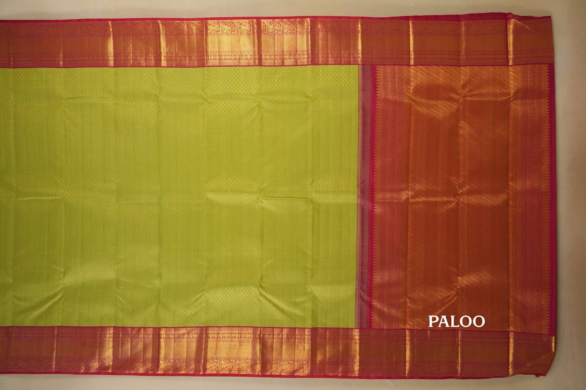 Elaichi Green with Pink Borders Vintage Kanjivaram Silk Saree paloo