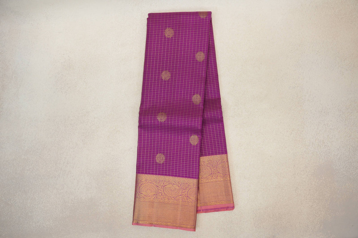 Online Deep Magenta Purple with Dusty Pink Borders Vintage Kanjivaram Silk Saree