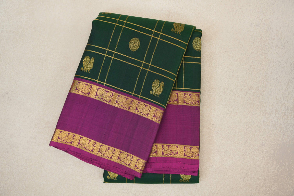 Deep Bottle Green with Bright Magenta Rettai Pettu Borders Vintage Kanjivaram Silk Saree