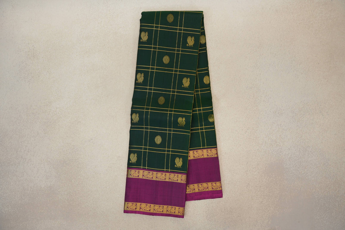 Online Deep Bottle Green with Bright Magenta Rettai Pettu Borders Vintage Kanjivaram Silk Saree
