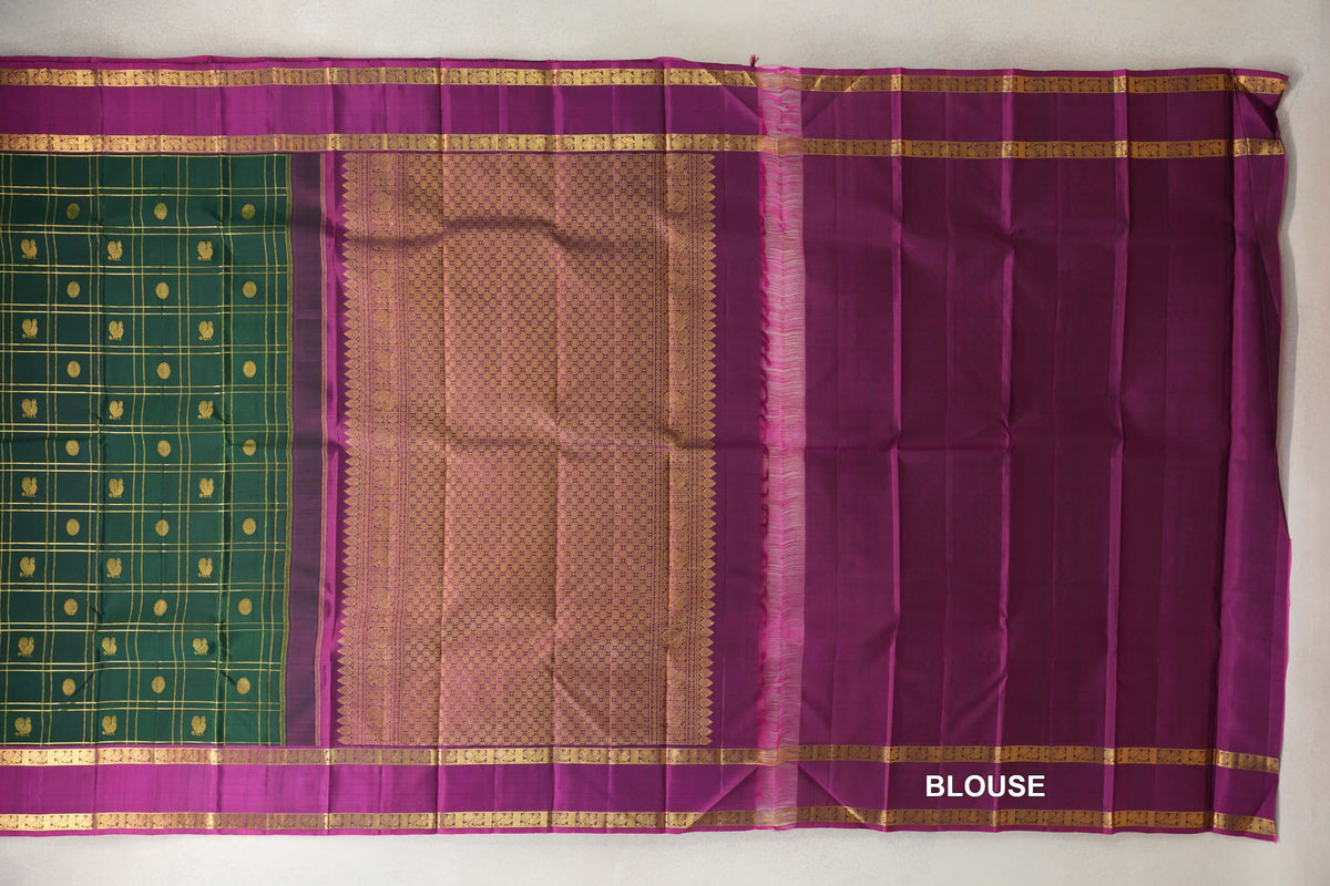 Deep Bottle Green with Bright Magenta Rettai Pettu Borders Vintage Kanjivaram Silk Saree blouse