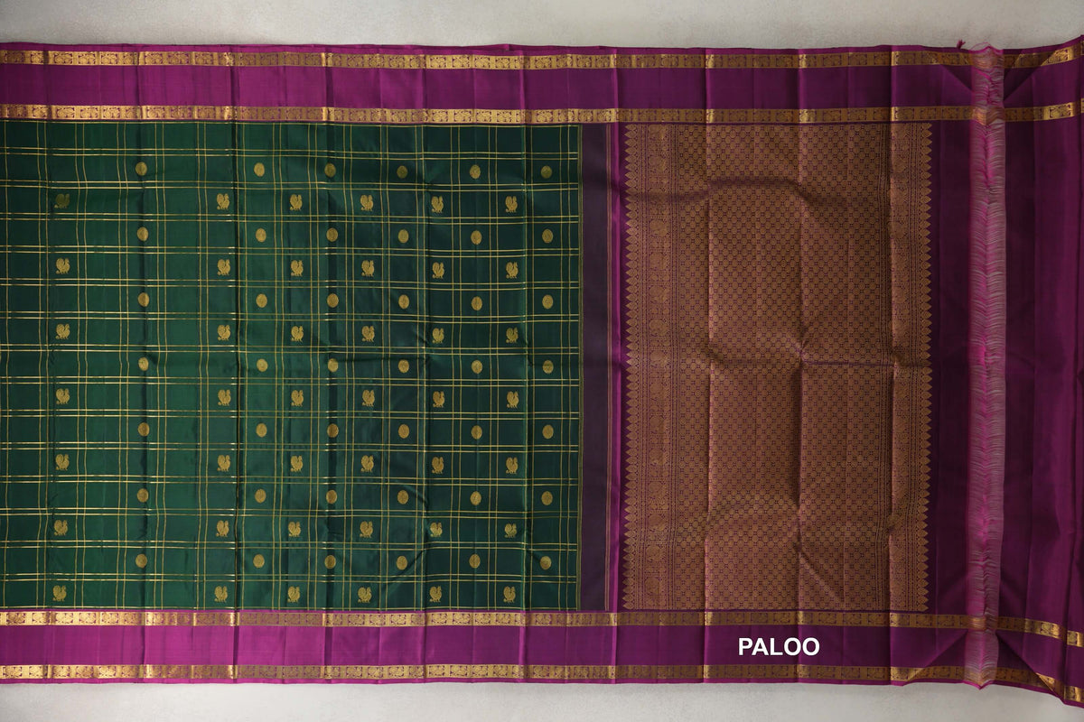 Deep Bottle Green with Bright Magenta Rettai Pettu Borders Vintage Kanjivaram Silk Saree paloo