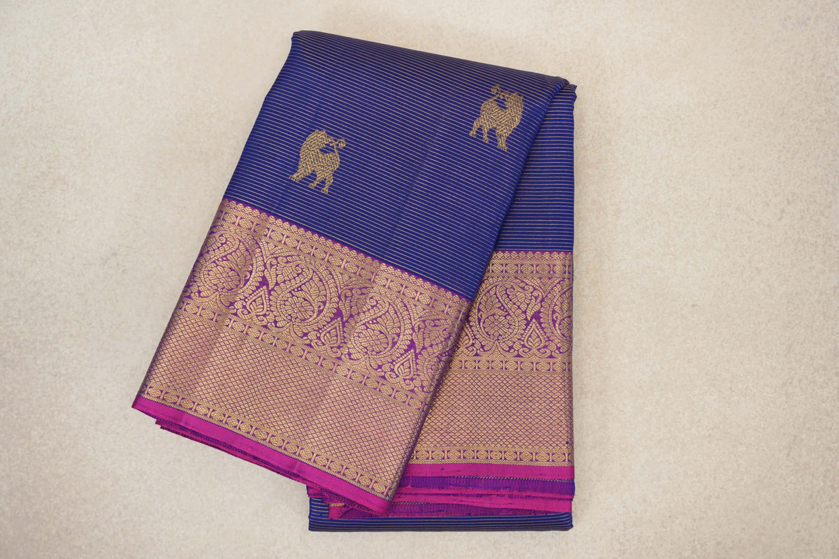 Blue Violet Vaira Oosi with Magenta Pink Borders Vintage Kanjivaram Silk Saree