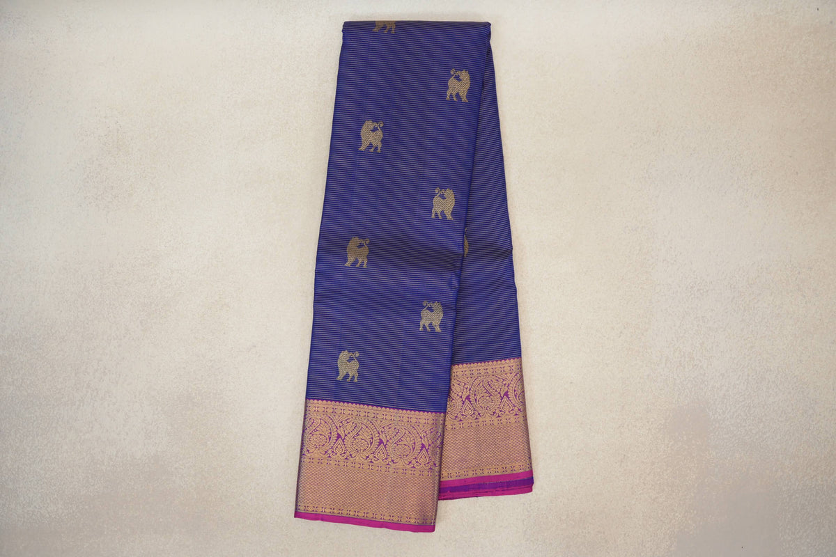 Online Blue Violet Vaira Oosi with Magenta Pink Borders Vintage Kanjivaram Silk Saree