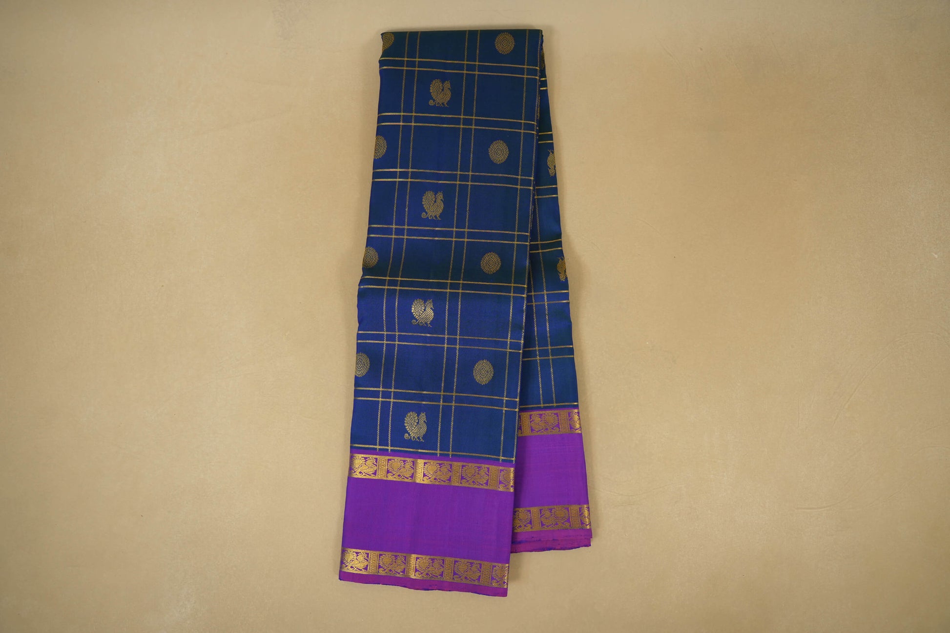 Online Peacock Blue with Magenta Borders Vintage Kanjivaram Silk Saree