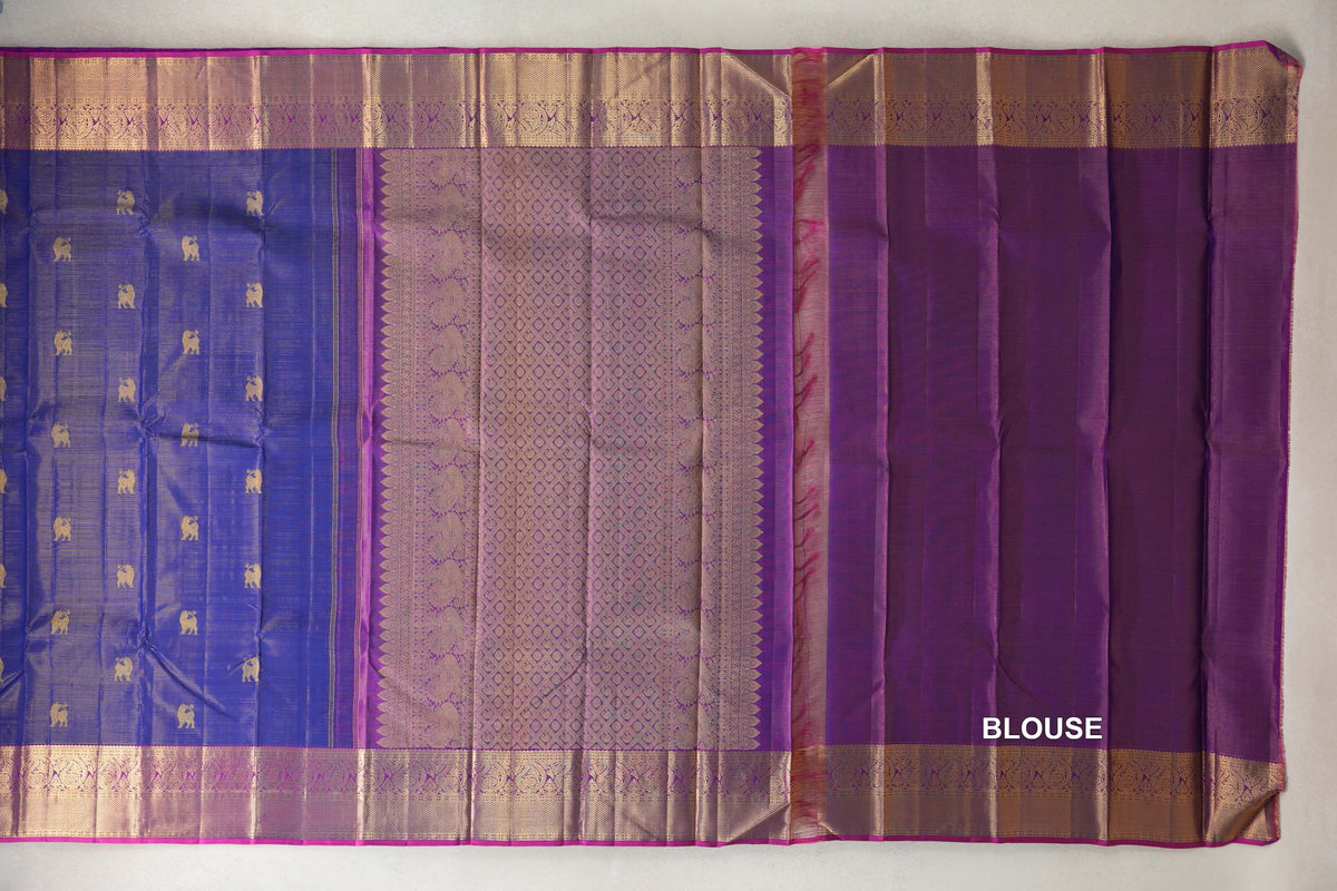 Blue Violet Vaira Oosi with Magenta Pink Borders Vintage Kanjivaram Silk Saree blouse