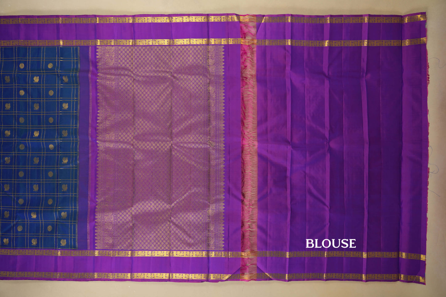 Peacock Blue with Magenta Borders Vintage Kanjivaram Silk Saree blouse