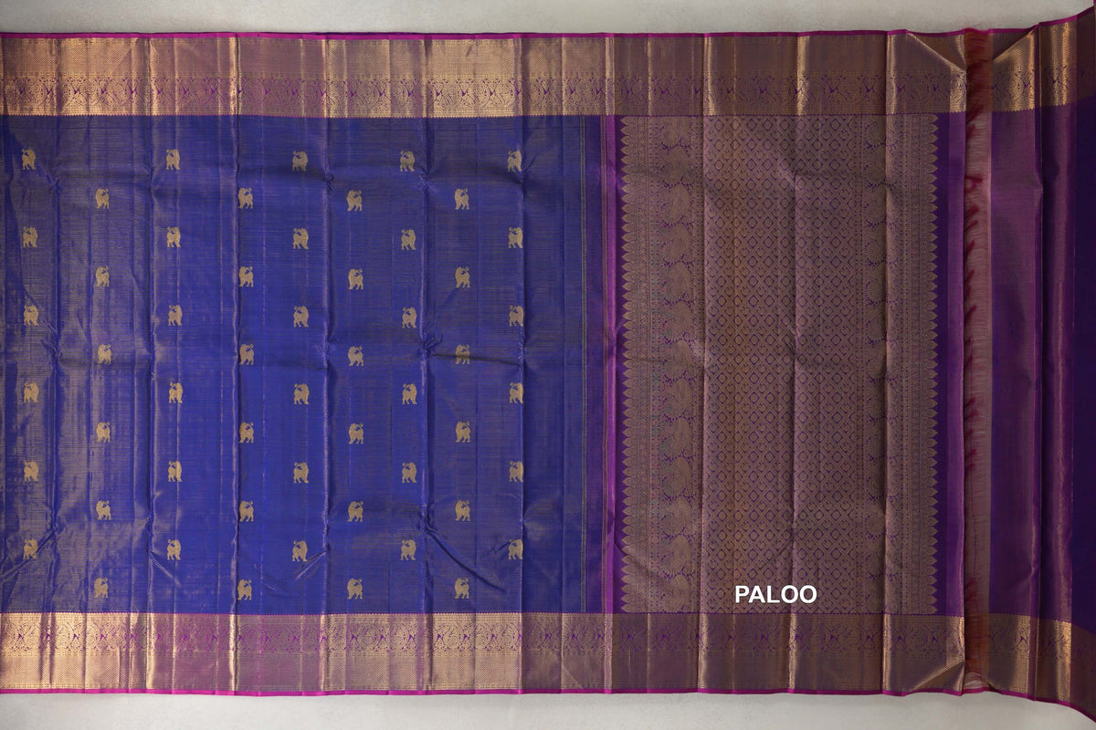 Blue Violet Vaira Oosi with Magenta Pink Borders Vintage Kanjivaram Silk Saree paloo