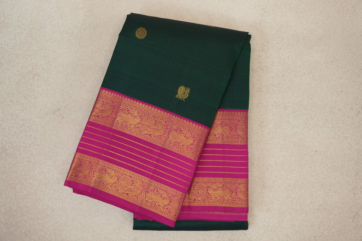 Deep Bottle Green with Bright Rani Pink Borders Vintage Kanjivaram Silk Saree