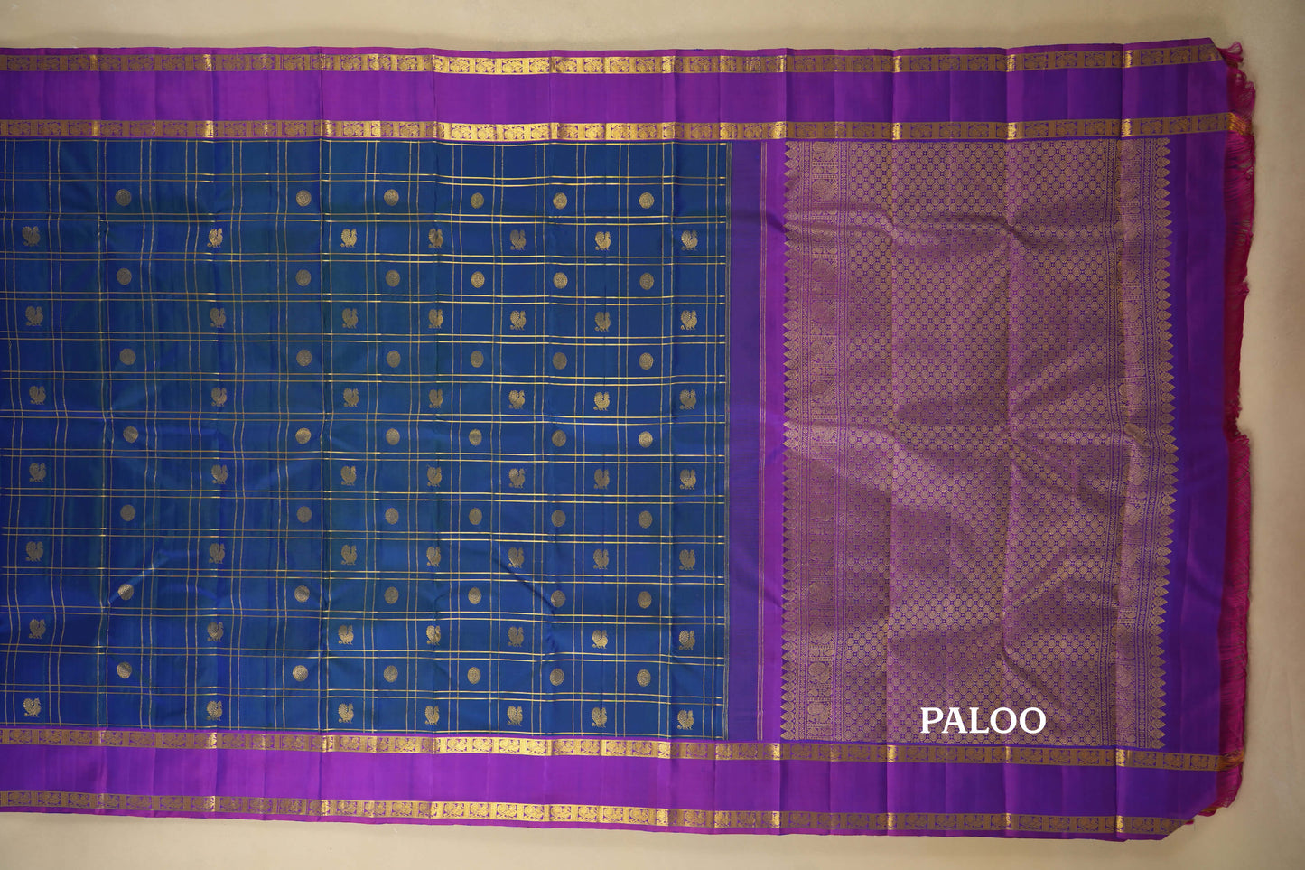Peacock Blue with Magenta Borders Vintage Kanjivaram Silk Saree paloo
